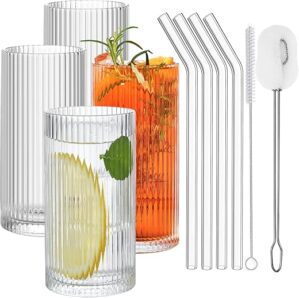 ALINK Glass Cups With Straws, 12 OZ Ribbed