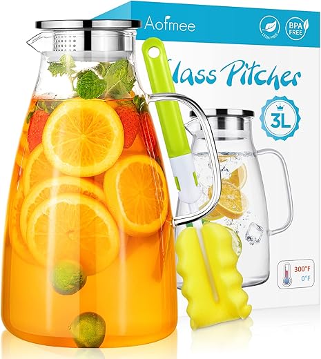 Aofmee Glass Water Pitcher With Lid, 100 Oz