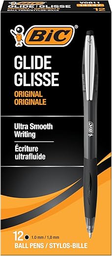 BIC Glide Black Retractable Ballpoint Pens, Medium Point