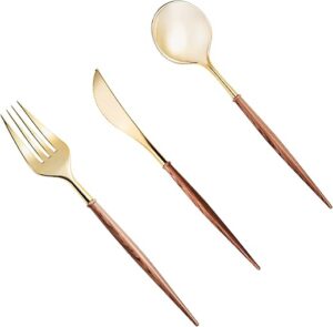 Lullaby Gold Plastic Silverware With Wood Grain Handle
