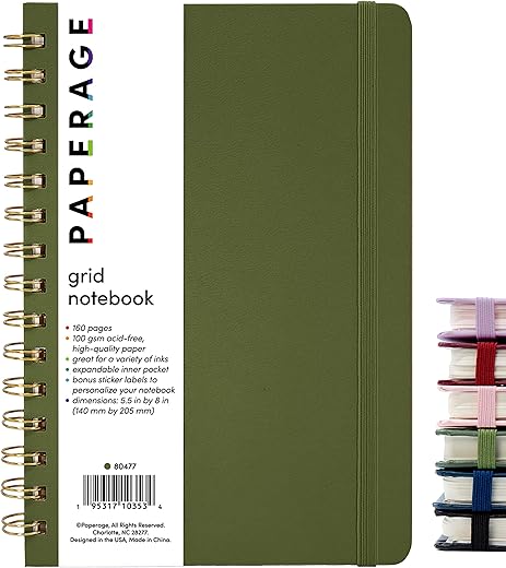 PAPERAGE Graph Paper Spiral Notebook, Olive Green, 160 Pages