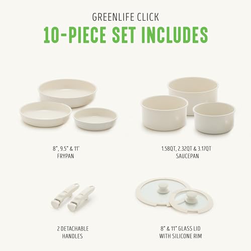 GreenLife 10-Piece Ceramic Nonstick Cookware Set, Detachable Handle - Image 3