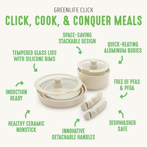 GreenLife 10-Piece Ceramic Nonstick Cookware Set, Detachable Handle - Image 4