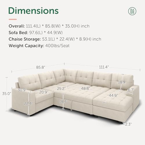 HONBAY Sleeper Sectional Sofa With Storage Chaise - Image 2