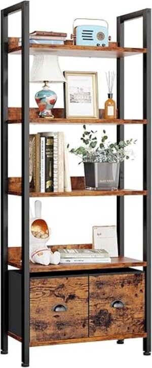 Furologee Industrial 5-Tier Bookshelf With Drawers