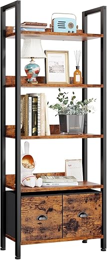 Furologee Industrial 5-Tier Bookshelf With Drawers