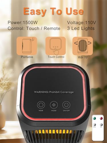 IWENUAN Portable Electric Heater With Thermostat, 1500W - Image 3