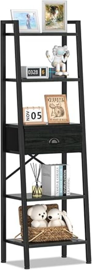 Furologee Ladder Shelf With Drawer, Tall Bookcase