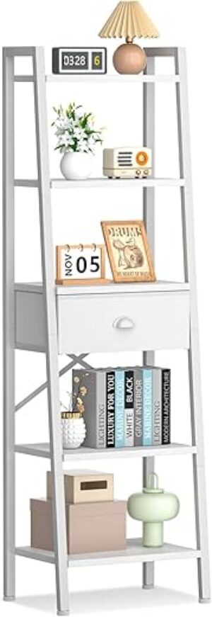 Furologee Ladder Shelf With Drawer, Tall Bookcase