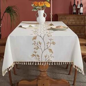Laolitou Cotton Linen Waterproof Tablecloth for Dining Table Farmhouse Kitchen Rectangle Table Cloth Coffee Wrinkle Free Table Cover, Beige, Coffee Flower, 55x86 Inch