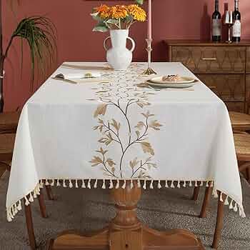Laolitou Cotton Linen Waterproof Tablecloth for Dining Table Farmhouse Kitchen Rectangle Table Cloth Coffee Wrinkle Free Table Cover, Beige, Coffee Flower, 55x86 Inch