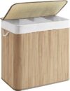 SONGMICS Laundry Hamper, 3-Section, Bamboo, Foldable