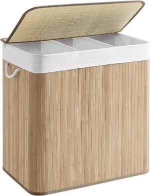 SONGMICS Laundry Hamper, 3-Section, Bamboo, Foldable