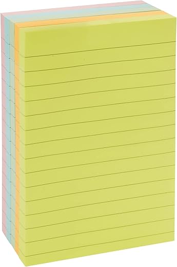 Amazon Basics Lined Rectangular Sticky Notes, Assorted Colors