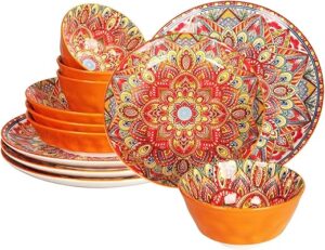 YA JU Mandala Dinnerware Set, 12 Pcs, Boho Plates