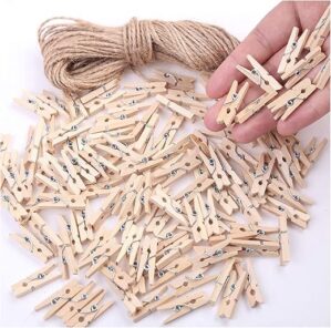 LOTIMOYIA Mini Wooden Clothespins With Jute Twine