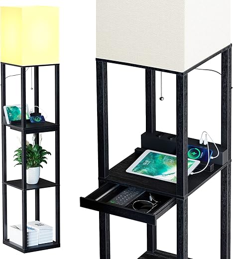 SUNMORY Modern Floor Lamp With Shelves, Drawer & USB Ports