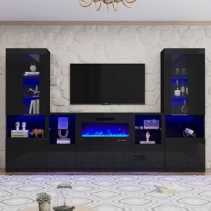 AMERLIFE Modern High Gloss Fireplace TV Stand Set