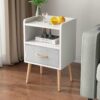 LUCKNOCK Nightstand With Fabric Drawer, Solid Wood Legs