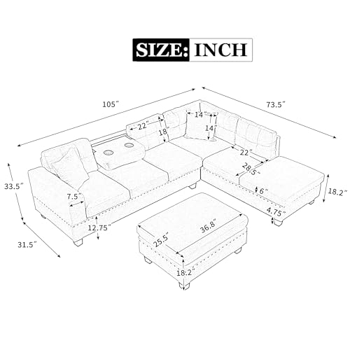 P PURLOVE Sectional Sofa With Chaise & Ottoman - Image 2
