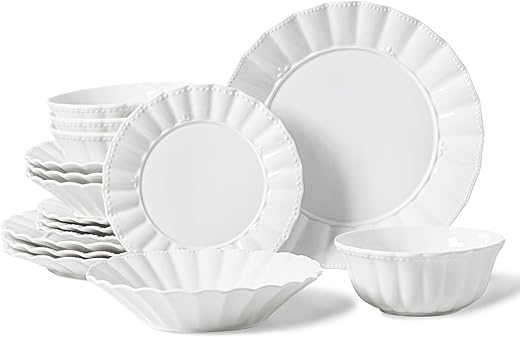 HOMBENE Porcelain Dinnerware Set, 16 Piece, Wavy Pattern
