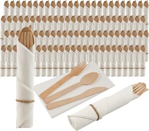 Aowutus Pre Rolled Napkin And Bamboo Cutlery Set