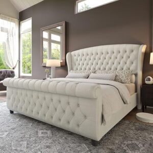 AMERLIFE Queen Size Chenille Upholstered Sleigh Bed