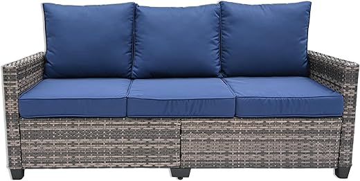 TARKARI Rattan Sofa With Navy Blue Cushions