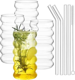 ALINK Ribbed Drinking Glass Cups Set, 16 oz