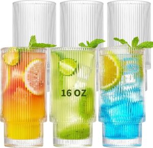 Qipecedm Ribbed Drinking Glasses, 16 oz Vintage
