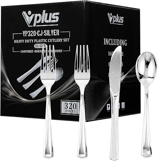 Vplus Silver Plastic Silverware Set, 320 Pieces