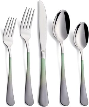 DINYWOW Silverware Set For 4, Green/Gray Handles