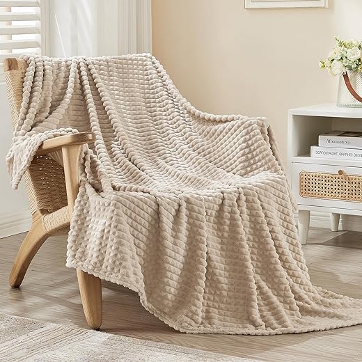 EMME Soft Fleece Beige Throw Blanket, 50'' x 60''