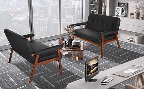 STHOUYN Black Faux Leather Office Loveseat Sofa - Image 2
