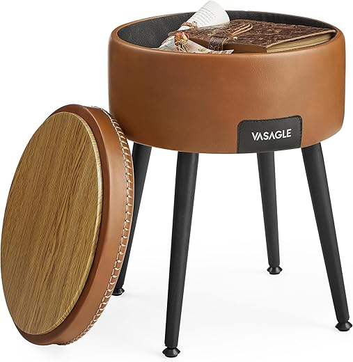 VASAGLE Storage Ottoman, Synthetic Leather Stool, Caramel