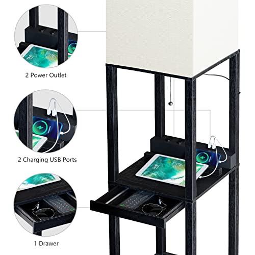 SUNMORY Modern Floor Lamp With Shelves, Drawer & USB Ports - Image 3