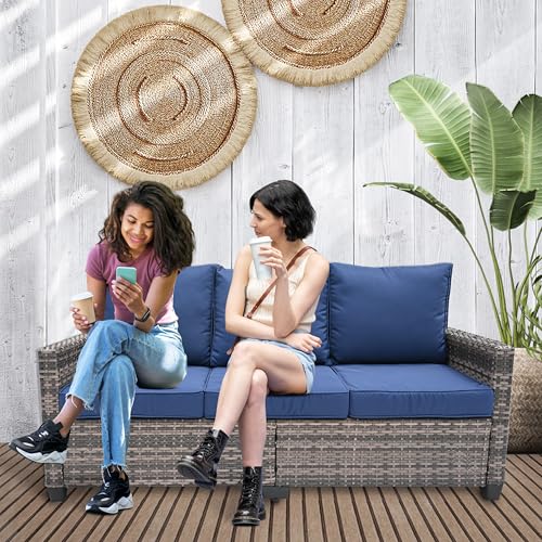TARKARI Rattan Sofa With Navy Blue Cushions - Image 4