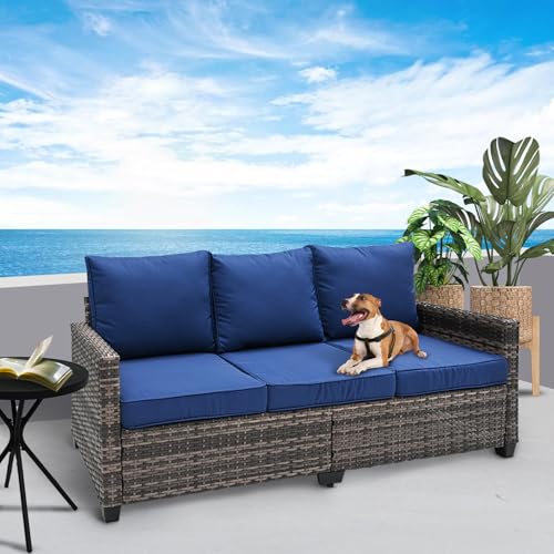 TARKARI Rattan Sofa With Navy Blue Cushions - Image 2