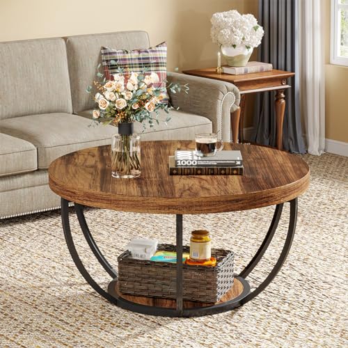 Tribesigns Round Industrial Coffee Table With Storage Shelves - Image 3