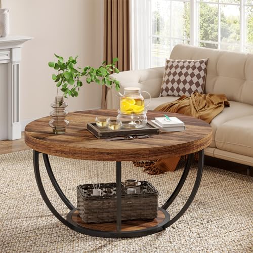 Tribesigns Round Industrial Coffee Table With Storage Shelves - Image 4