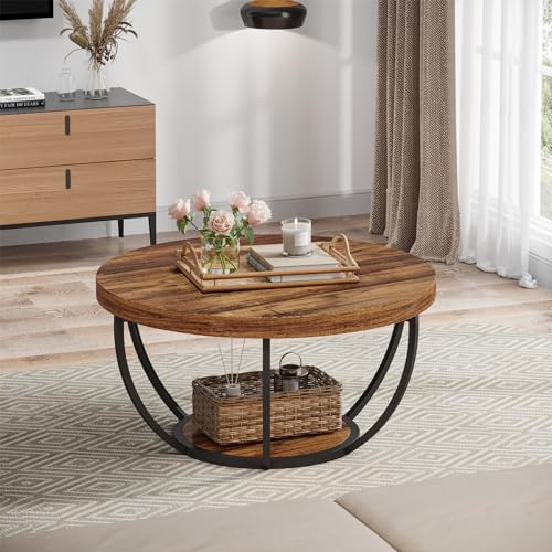 Tribesigns Round Industrial Coffee Table With Storage Shelves - Image 5