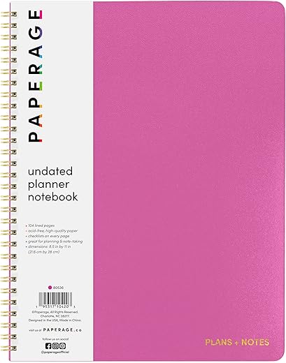 PAPERAGE Undated Daily Planner Notebook, Raspberry