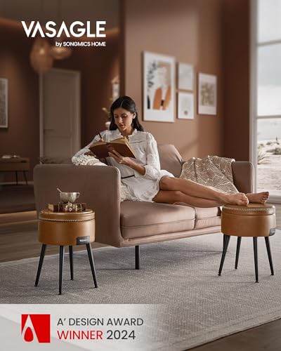 VASAGLE Storage Ottoman, Synthetic Leather Stool, Caramel - Image 2