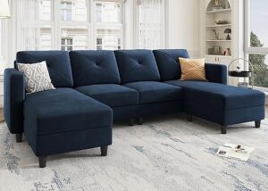 HONBAY Velvet U Shaped Sectional Sofa, Dark Blue