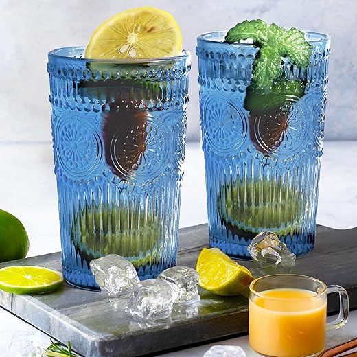 Loivttvv Vintage Blue Highball Glasses Set