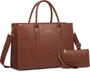 LOVEVOOK Vintage Leather Laptop Tote Bag, Dark Brown