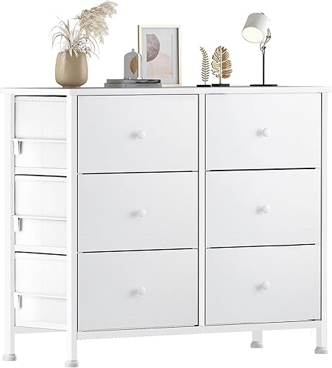BOLUO White Dresser 6 Drawer Fabric Storage