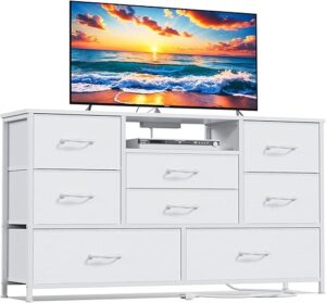 Furnulem White Dresser With Power Outlet, 8 Drawers