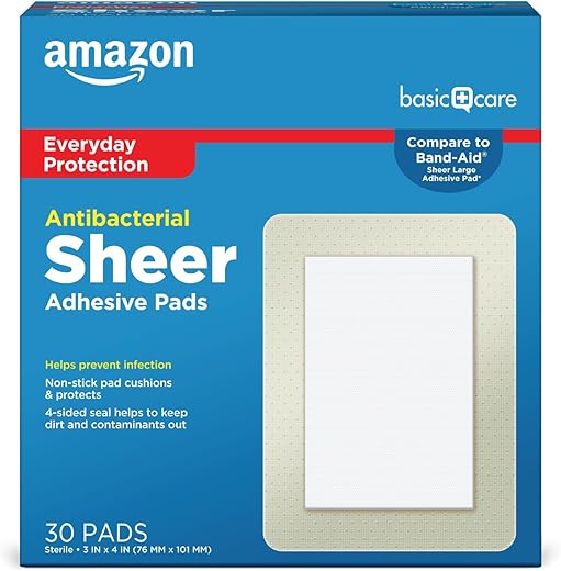 Amazon Basic Care Antibacterial Sheer Adhesive Pad Bandages