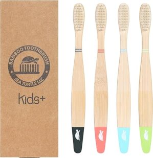 Sea Turtle Bamboo Toothbrushes, Soft For Kids (4 Pack)